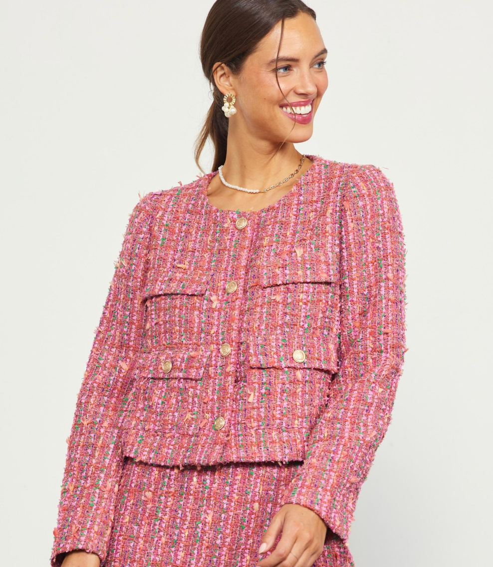 Tweed Jacket with Pockets - Pink Multi