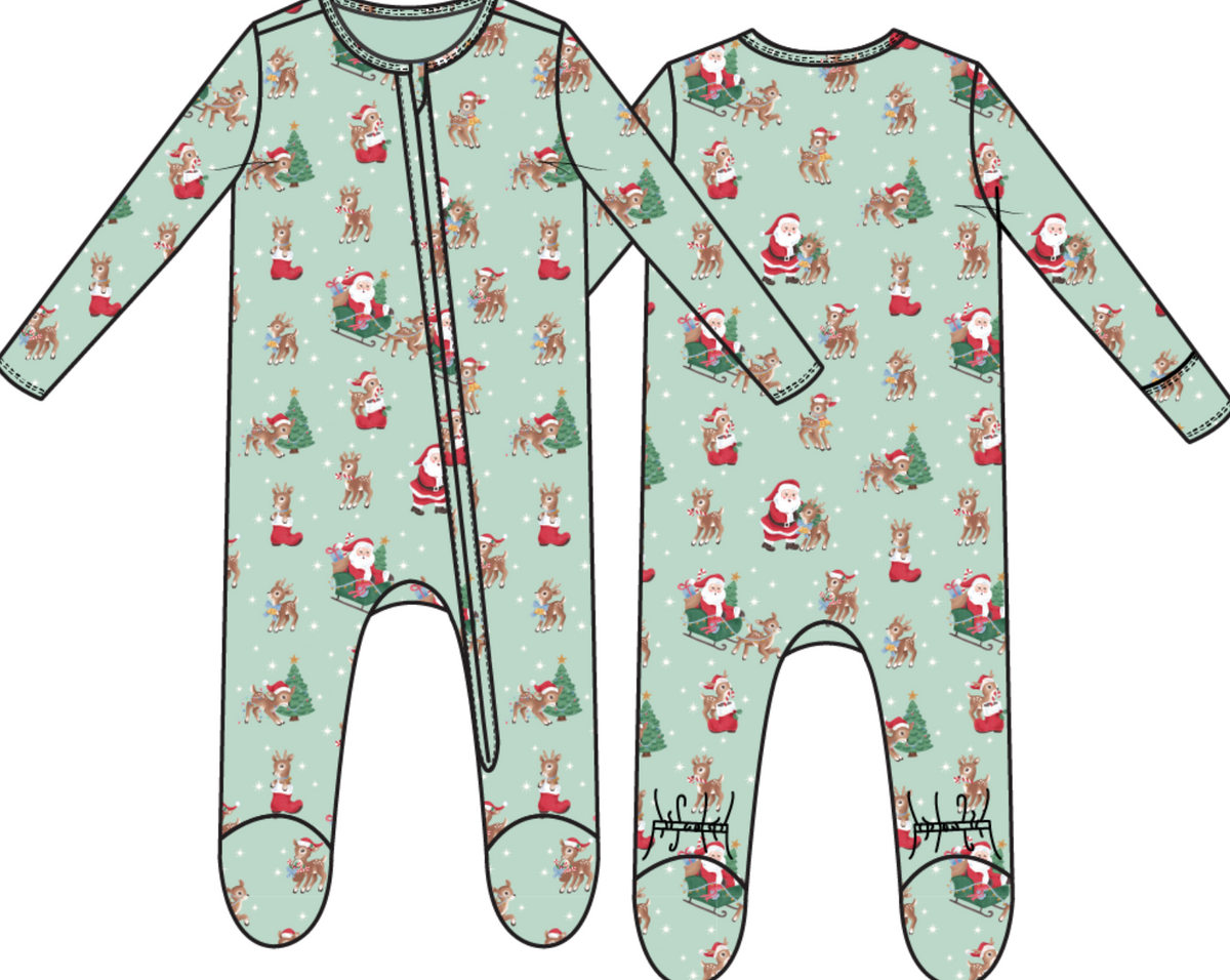 2 Way Zipper Footie - Vintage Reindeer & Santa - Green