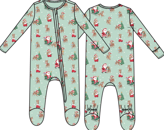 2 Way Zipper Footie - Vintage Reindeer & Santa - Green