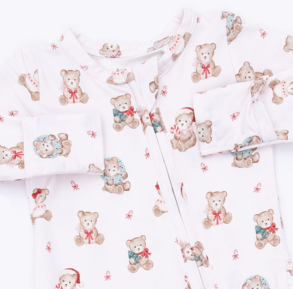 2 Way Ruffle Back Zipper Footie - Christmas Teddy Bears - Pink