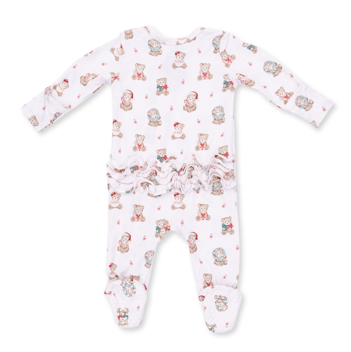 2 Way Ruffle Back Zipper Footie - Christmas Teddy Bears - Pink