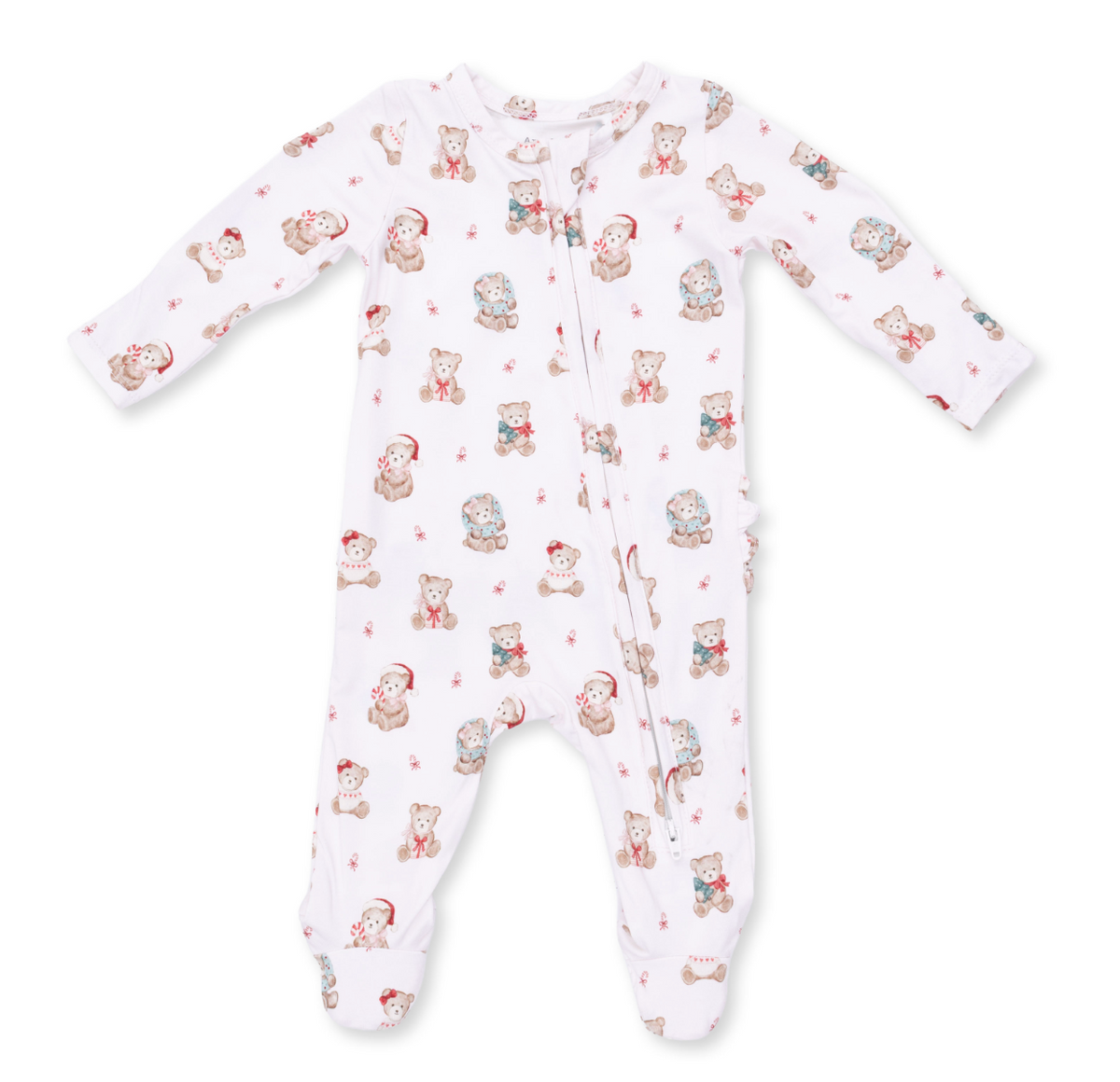 2 Way Ruffle Back Zipper Footie - Christmas Teddy Bears - Pink
