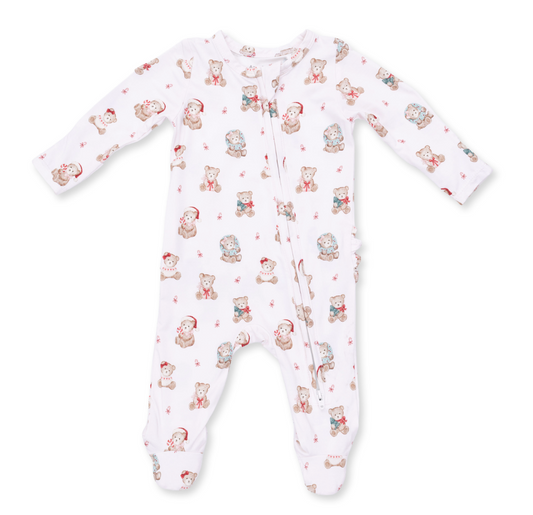 2 Way Ruffle Back Zipper Footie - Christmas Teddy Bears - Pink