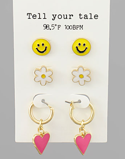 Epoxy Heart + Smiley Earrings Set - Yellow / Pink