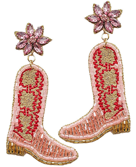 Crystal + Beaded Boots Earrings - Pink + Gold