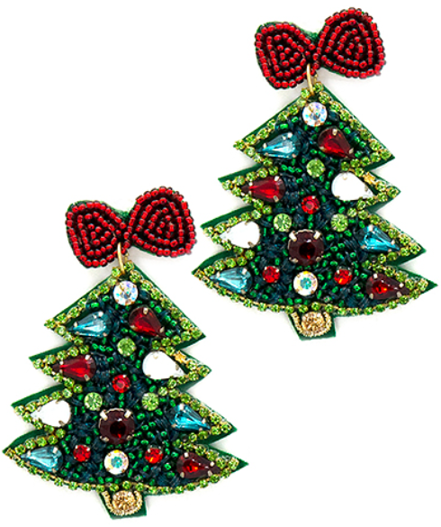 Christmas Tree + Ribbon Earrings - Green