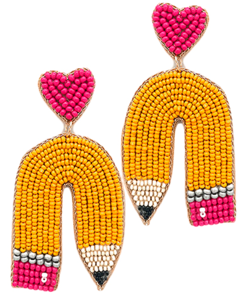 Beaded Curved Pencil Earrings - Yellow
