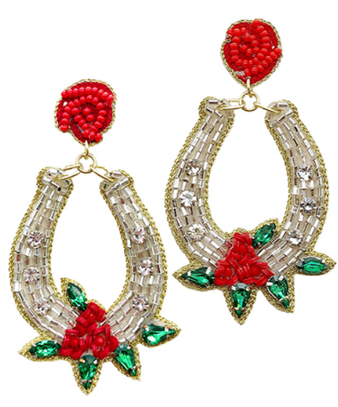 Beaded Horseshoe Earrings - Silver + Red