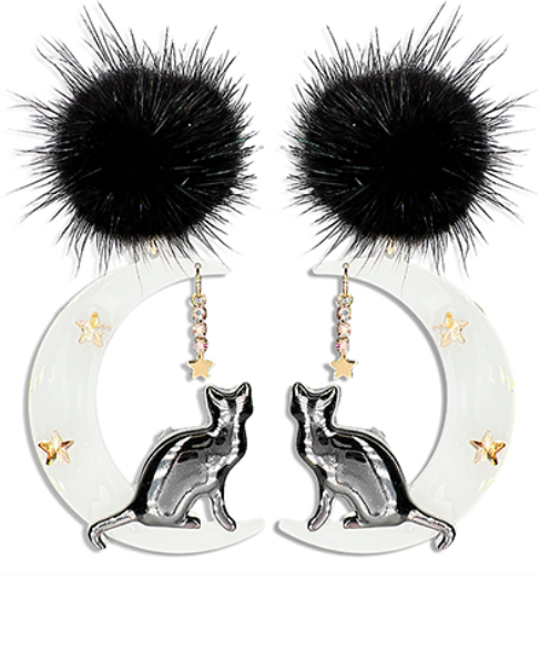 Pompom + Cat Earrings - White + Black