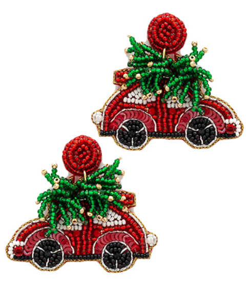 Car + Tree on Top Beads Earrings - Red