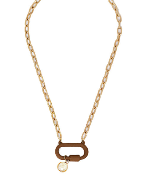 Carabiner + Glass Pendant Necklace - Brown + White Gold