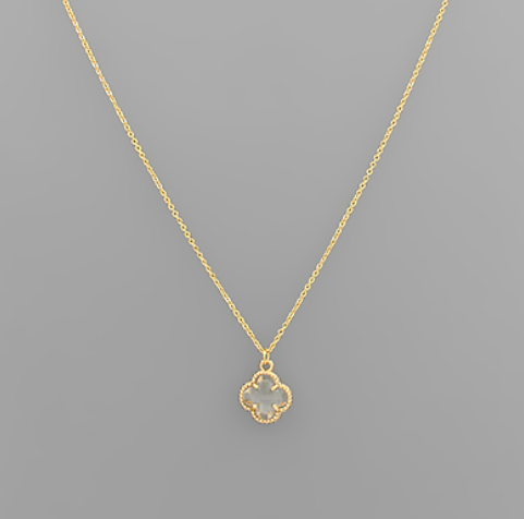 Glass Clover Charm Necklace - Clear + Gold