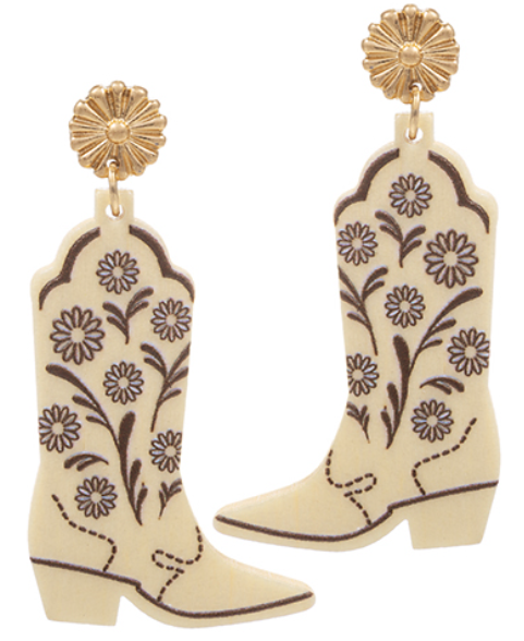 Printed Flower Boot Earrings - Ivory/Brown