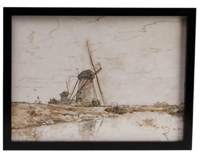 Wood Framed Glass Wall Decor - Windmill