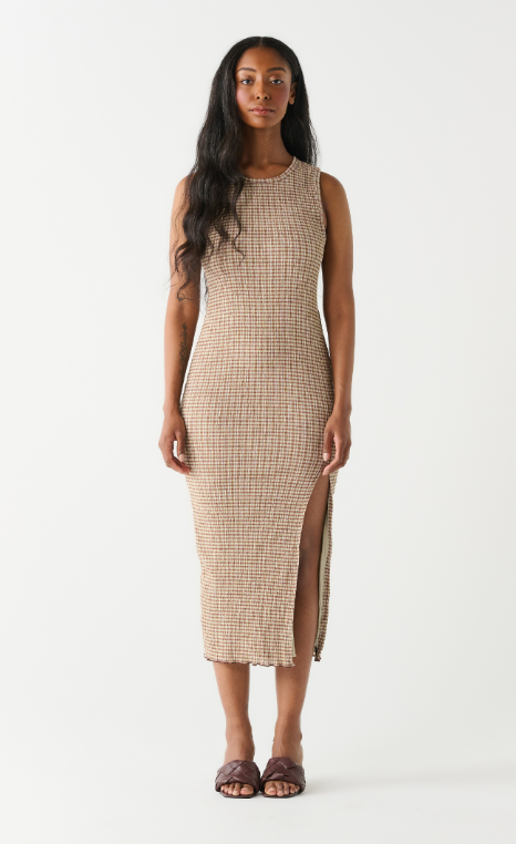 Side Slit Midi Dress - Neutral Check