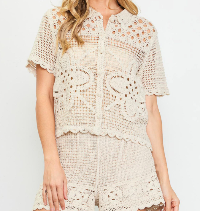 Crochet Button Down Short Set - Cream