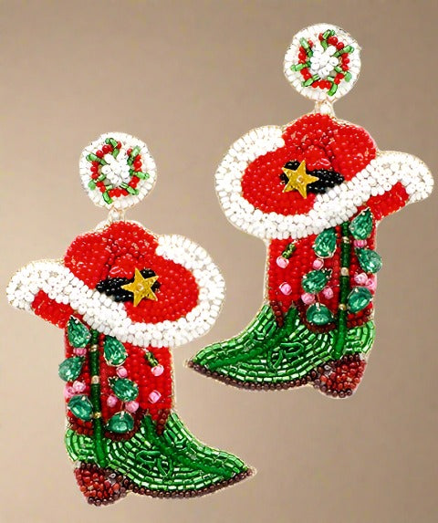 Holiday Cowboy Hat + Boots Earrings - Red + Green