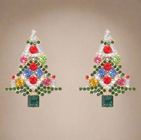 Crystal Christmas Tree Earrings - Multi/Green