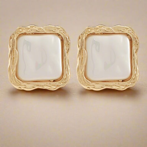 Square + Texture Metal Earrings - White + Gold