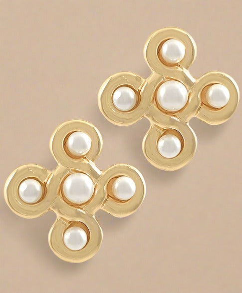 Round Pearl + Crisscross Earrings - White + Gold