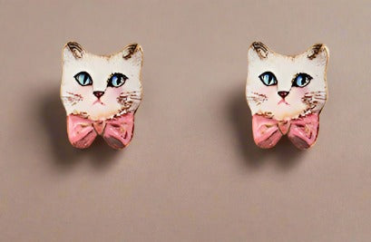 Girl's Cat Epoxy Studs - White + Red