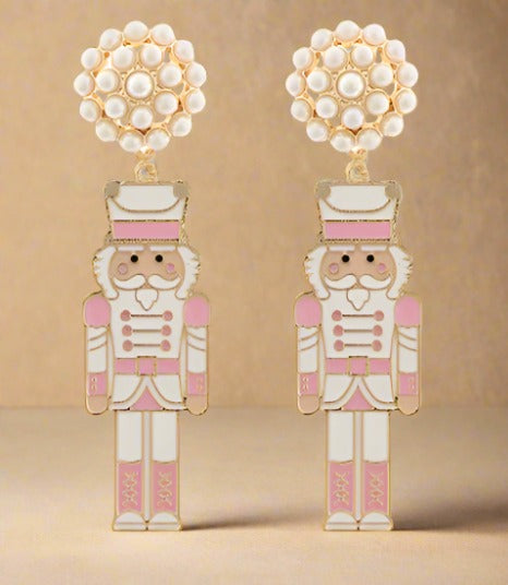 Enamel Coated Metal Nutcracker Earrings - Light Pink