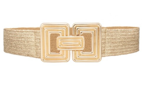 Ribbed Rectangle Buckle Metallic Straw Belt - Gold