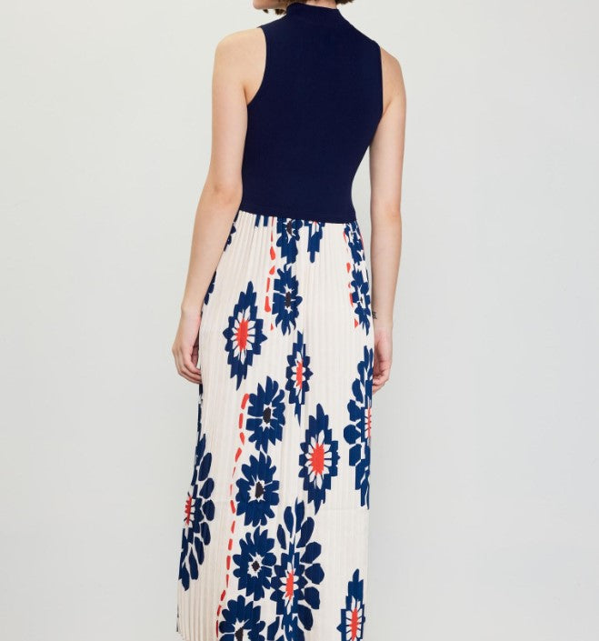 Pleated Midi Dess - Ivory + Navy