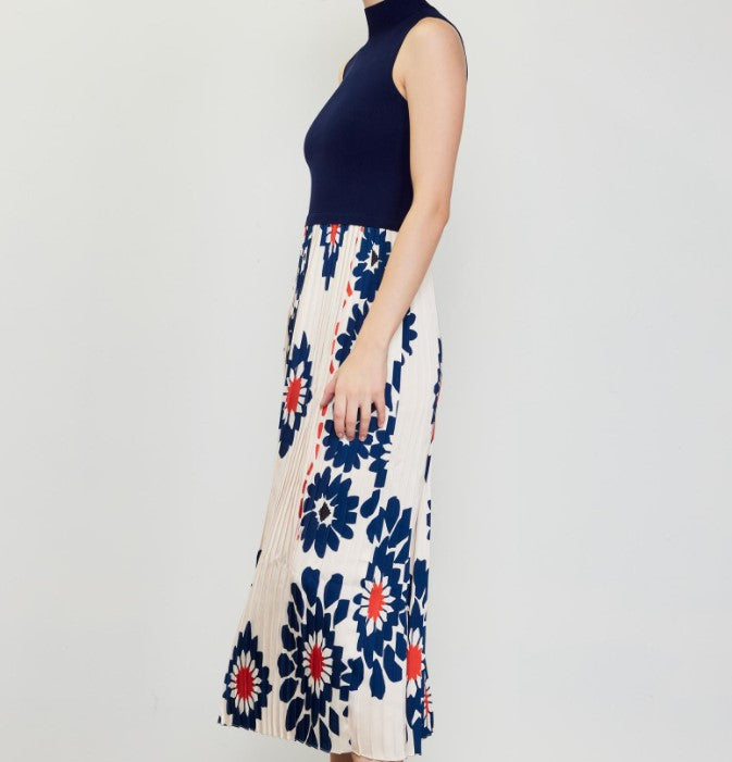 Pleated Midi Dess - Ivory + Navy