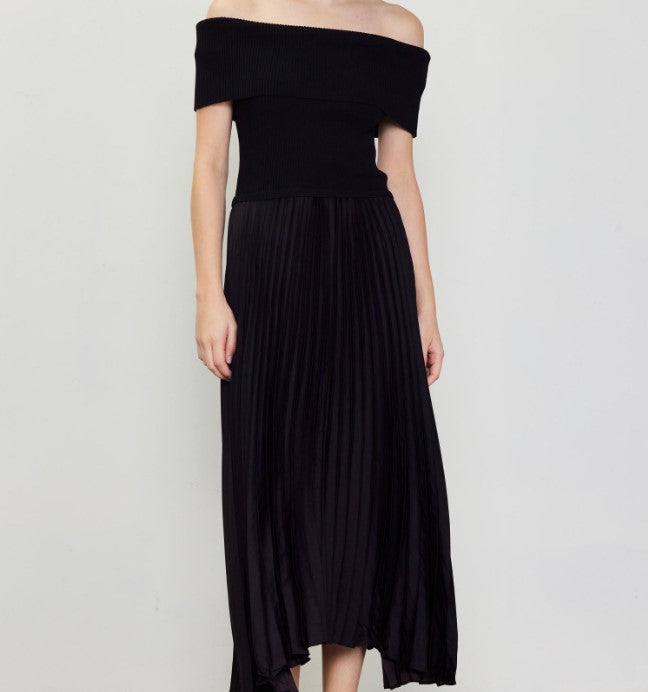 Off the Shoulder Ribbed Dress - Black