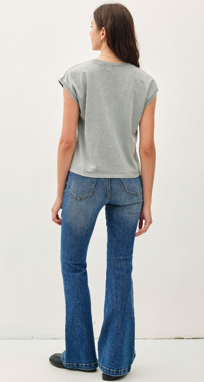 Basic Cropped Capped Sleeve Tee - Gray