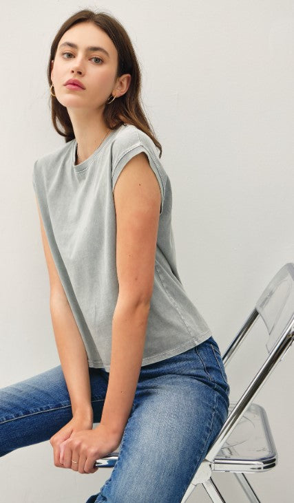 Basic Cropped Capped Sleeve Tee - Gray