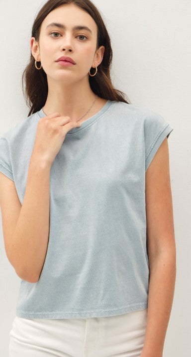 Basic Cropped Capped Sleeve Tee - Cloud Blue