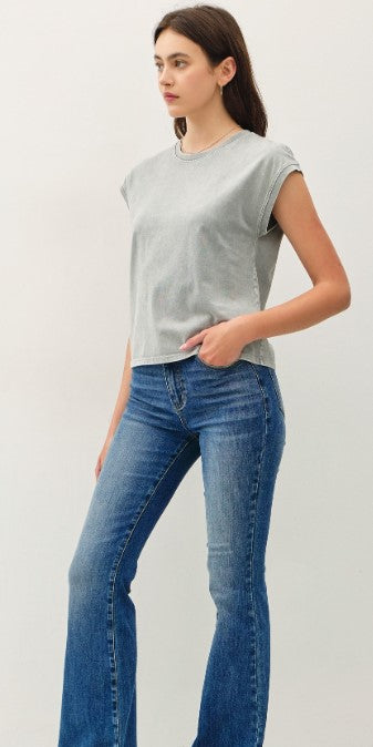 Basic Cropped Capped Sleeve Tee - Gray