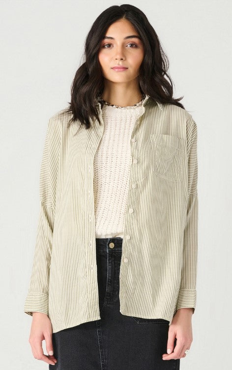 Oversized Button Down Shirt - Ivory + Olive Stripe