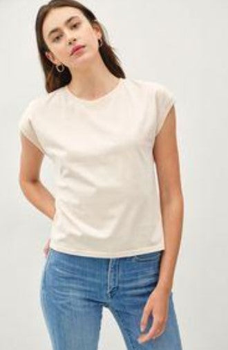 Basic Cropped Capped Sleeve Tee - Beige