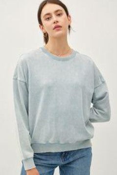 Cropped Acid Wash Crew Neck Sweatshirt - Cloud Blue