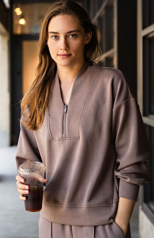 Luxe V Neck Half Zip - Mocha