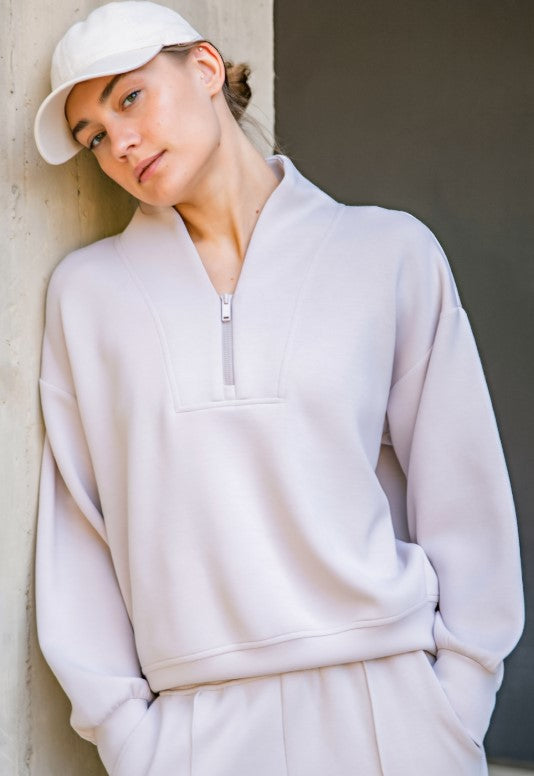 Luxe V Neck Half Zip - Mocha Cream