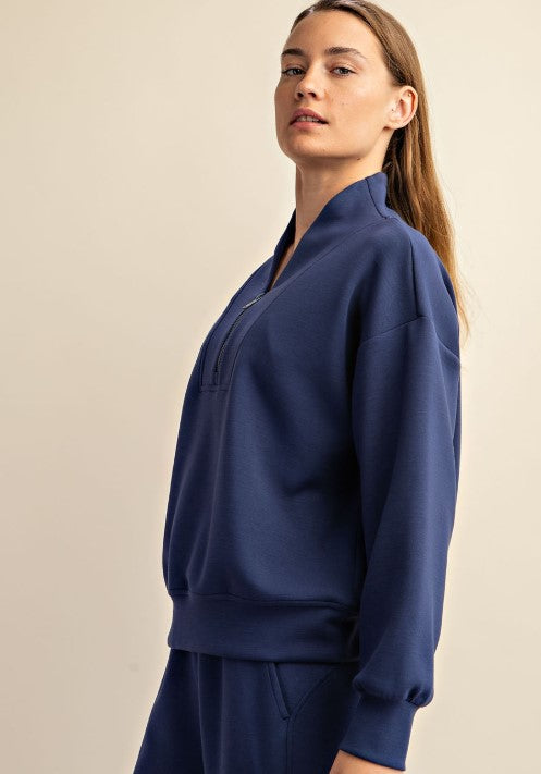 Luxe V Neck Half Zip - Smoky Navy