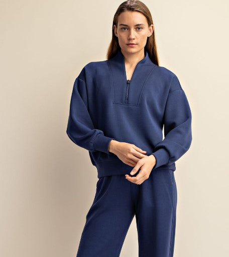 Luxe V Neck Half Zip - Smoky Navy