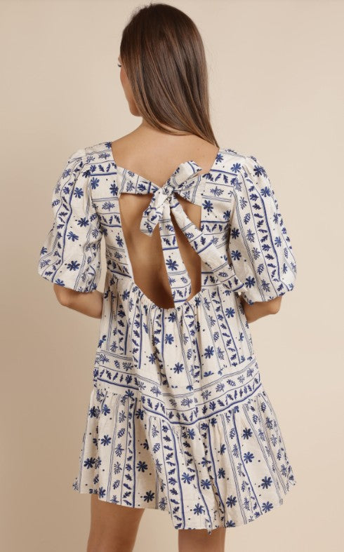 Tie Back Tiered Mini Dress - Greek Floral
