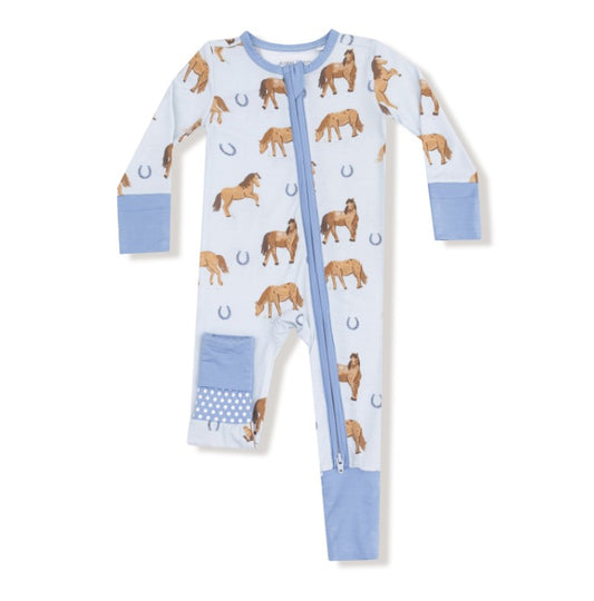 2 Way Zipper Romper - Horses - Blue