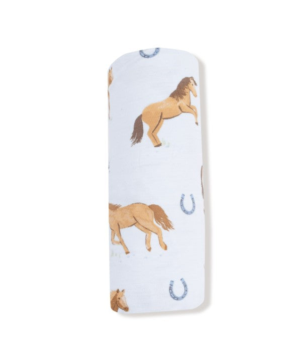 Swaddle Blanket - Horses - Blue