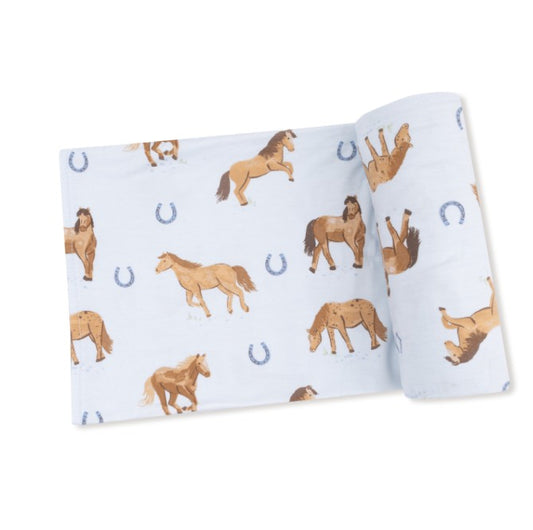 Swaddle Blanket - Horses - Blue