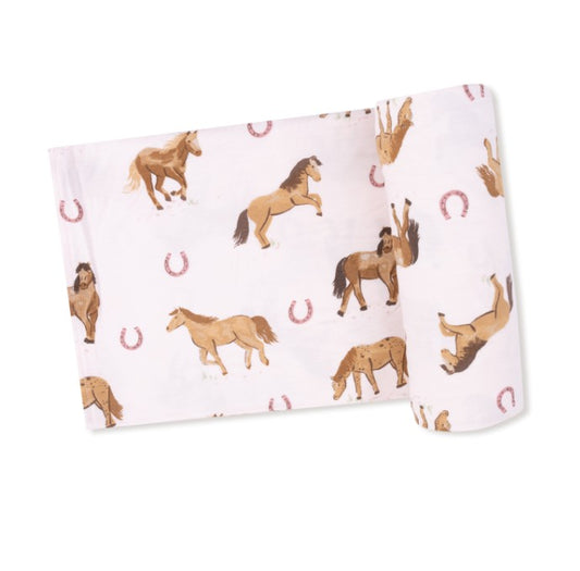 Swaddle Blanket - Horses - Pink