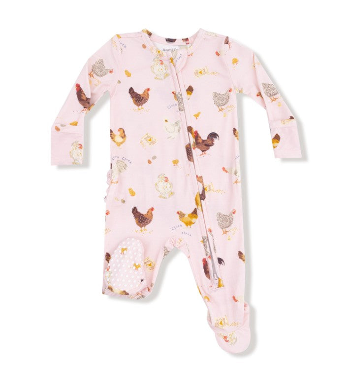 Two Way Ruffle Zipper Footie - Collector Chickens - Pink