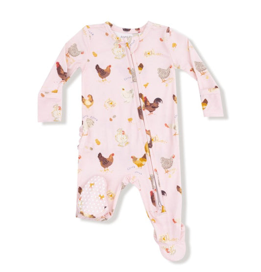 Two Way Ruffle Zipper Footie - Collector Chickens - Pink