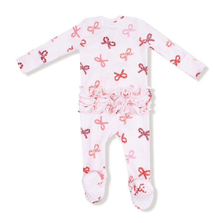 Two Way Ruffle Zipper Footie - Candy Cane Bows