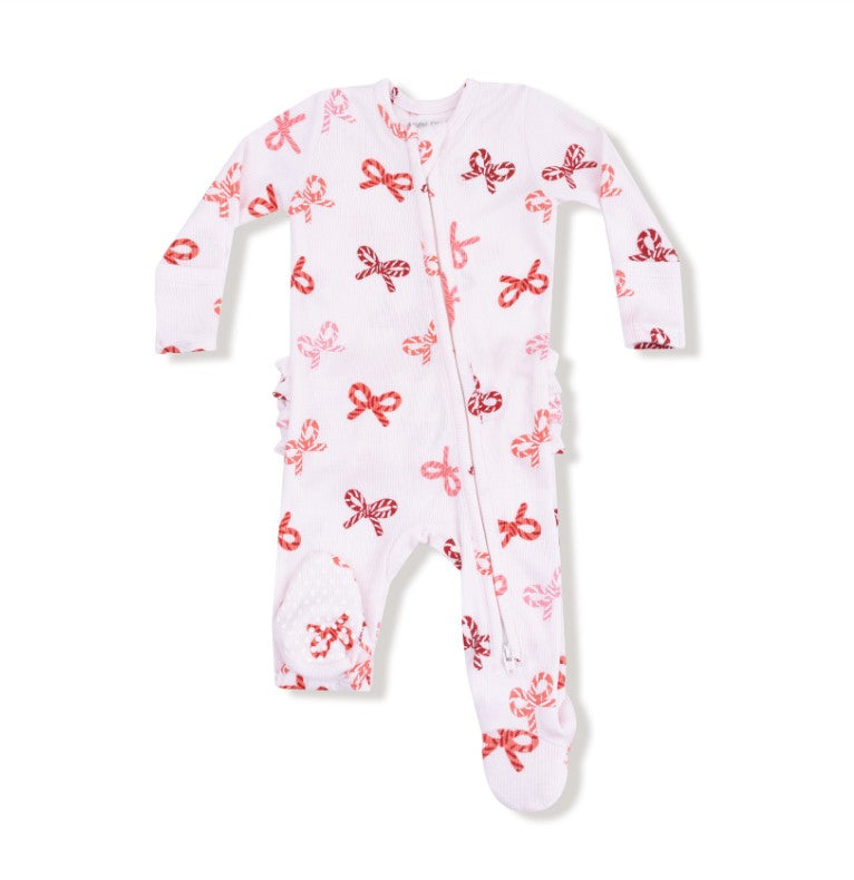 Two Way Ruffle Zipper Footie - Candy Cane Bows